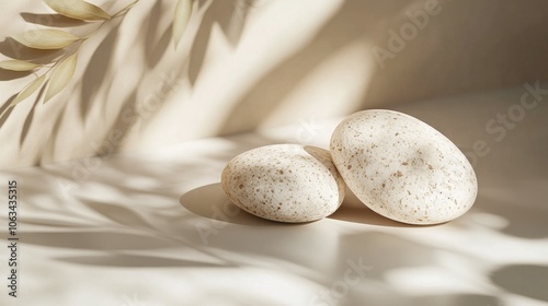 Minimalist product display stone on a beige background with leaf shadows, perfect for beauty or skincare