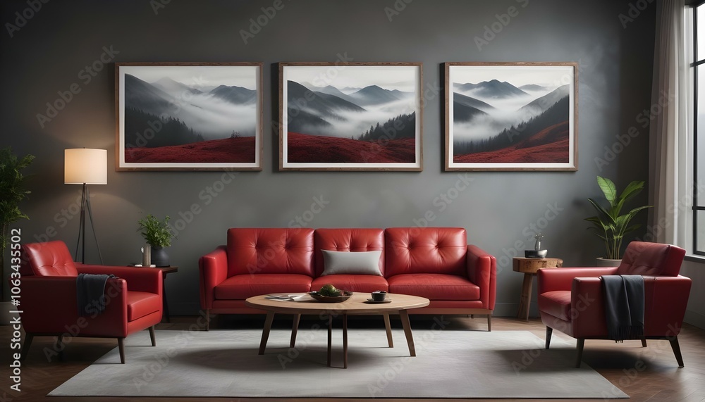 A modern living room with a red leather sofa, a wooden coffee table, and three framed landscape photographs on the wall depicting moody. A modern living room with a red leather sofa, a wooden coffee table, and three framed landscape photographs on the wall depicting moody.