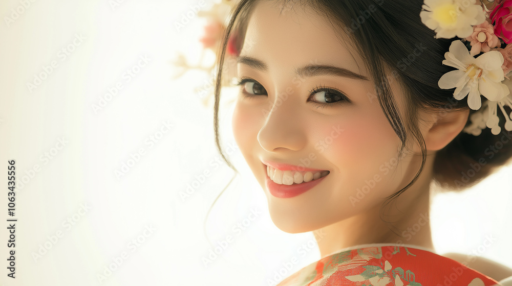 Fototapeta premium 着物姿の笑顔の若い日本人女性