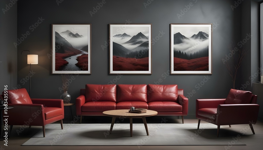 A modern living room with a red leather sofa, a wooden coffee table, and three framed landscape photographs on the wall depicting moody. A modern living room with a red leather sofa, a wooden coffee table, and three framed landscape photographs on the wall depicting moody.