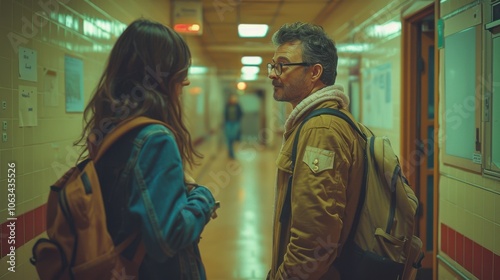 Two people with backpacks are conversing in a dimly lit hallway, evoking a casual and thoughtful atmosphere.