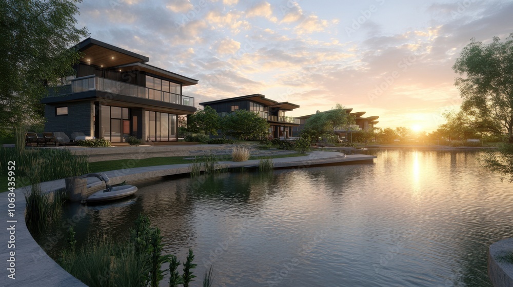 A serene lakeside setting with a sustainable, contemporary home