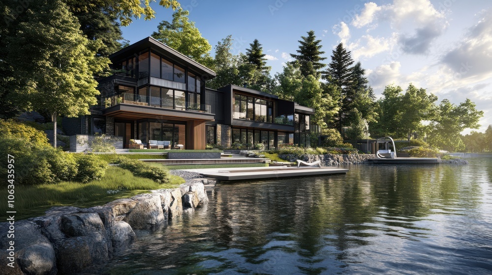 Obraz premium A serene lakeside setting with a sustainable, contemporary home
