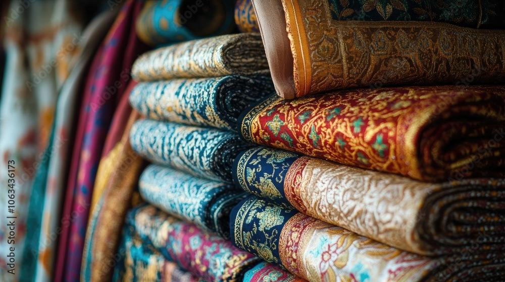 Vibrant Textiles Stacked in Colorful Patterns Vibrant Textiles Stacked in Colorful Patterns