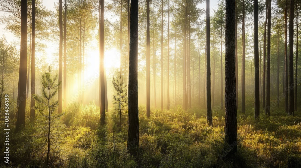 A serene pine forest at dawn, with soft sunlight filtering A serene pine forest at dawn, with soft sunlight filtering