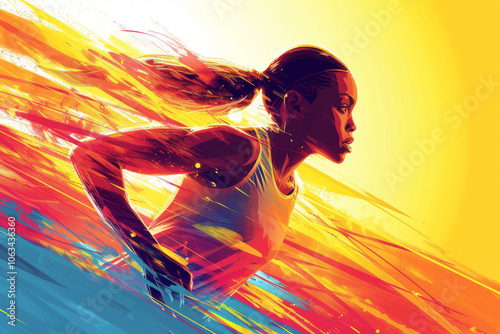 Vibrant and dynamic illustration of female sprinter captured in full motion, showcasing speed, determination and athleticism inspiring admiration for strength and agility of human body