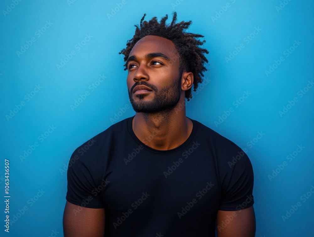 A man with a thoughtful expression looks upwards against a vibrant blue background, conveying a sense of introspection and calm. A man with a thoughtful expression looks upwards against a vibrant blue background, conveying a sense of introspection and calm.