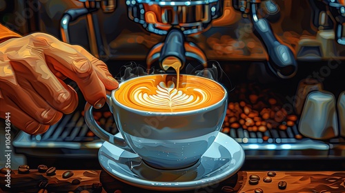 A barista carefully creates intricate latte art on a steaming cup of coffee, swirling the foam into a beautiful design. The café is filled with the sounds of espresso machines and soft conversations photo