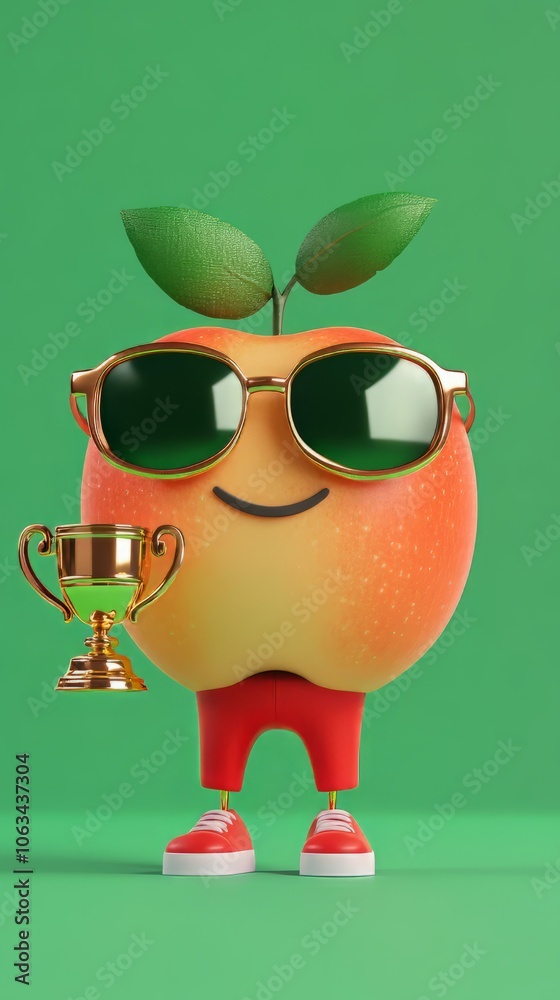 Fototapeta premium cute chibbi 3d blender apple character wearing gangster meme sunglasses holding a champion trophy 