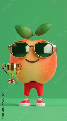 
cute chibbi 3d blender apple character wearing gangster meme sunglasses holding a champion trophy  photo