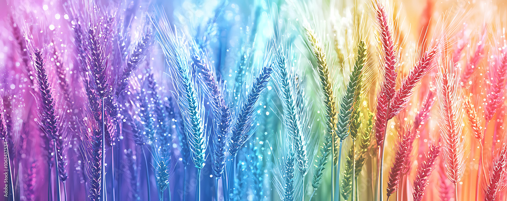 Obraz premium A surreal, rainbow-hued depiction of wheat fields, with pink, blue, and yellow tones creating a vibrant and dreamy atmosphere, perfect for whimsical and colorful nature-inspired designs.