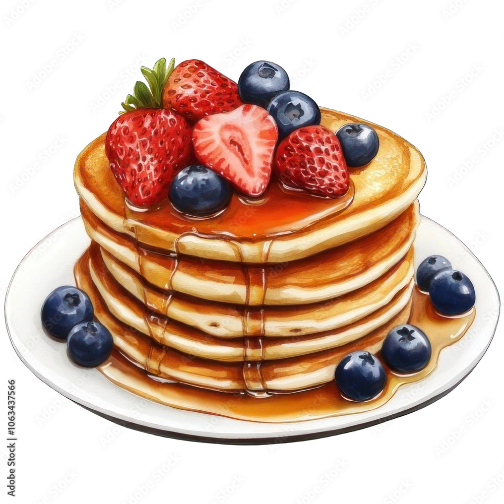 custom made wallpaper toronto digitalCollection of PNG. Watercolor painting of A Stack of Pancakes with Fresh Strawberries, Blueberries and Syrup, isolated on a transparency background.