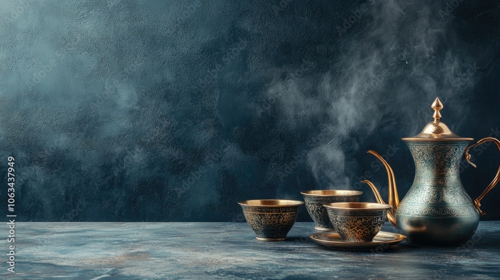 Elegant Teaware with Steam Against Dark Background Elegant Teaware with Steam Against Dark Background
