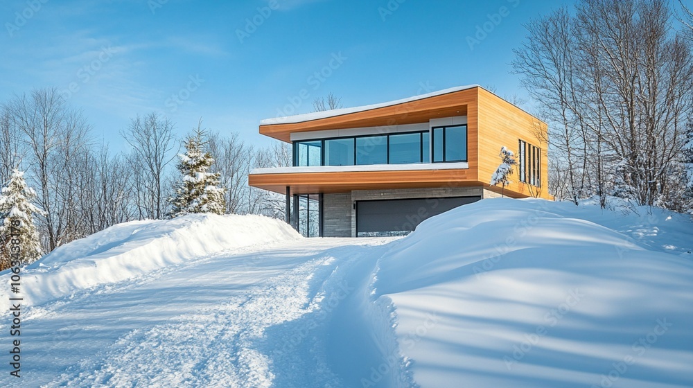 A sleek modern home enveloped in snow, featuring a cleared driveway, reflecting the serene aftermath of a blizzard. A sleek modern home enveloped in snow, featuring a cleared driveway, reflecting the serene aftermath of a blizzard.