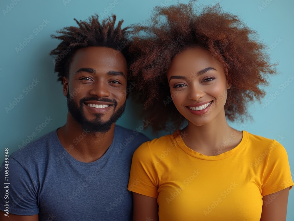 Two diverse people smiling warmly against a solid turquoise background, capturing a relaxed and positive mood. Two diverse people smiling warmly against a solid turquoise background, capturing a relaxed and positive mood.