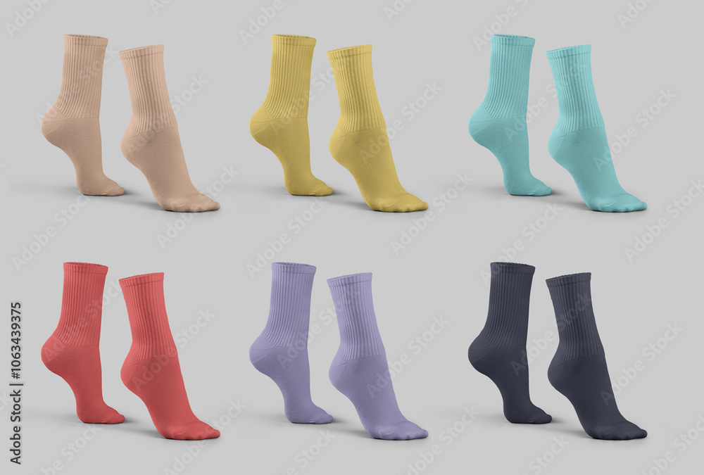 Bright high socks mockup 3D rendering, colored gaiters on tiptoes, side view, for design, pattern, branding, set Bright high socks mockup 3D rendering, colored gaiters on tiptoes, side view, for design, pattern, branding, set