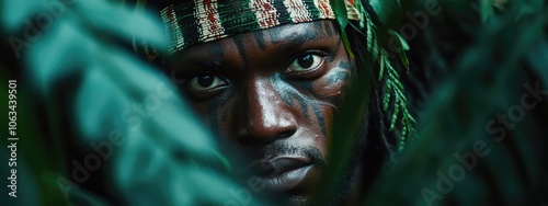 Portrait of an African Zulu Warrior in the Congo Jungles photo