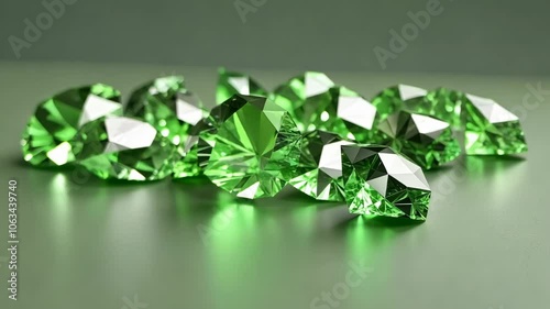 A close-up of several green gemstones on a smooth, light-green surface