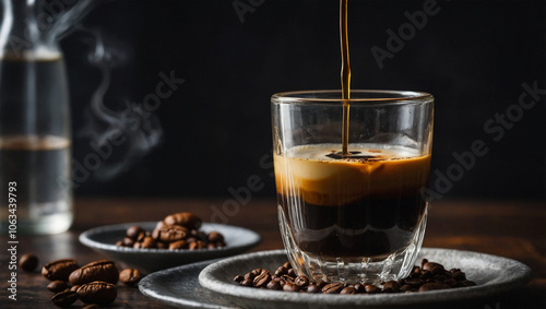 Vietnamese drip coffee slowly brewing into a glass with condensed milk at the bottom, creating a layered effect.