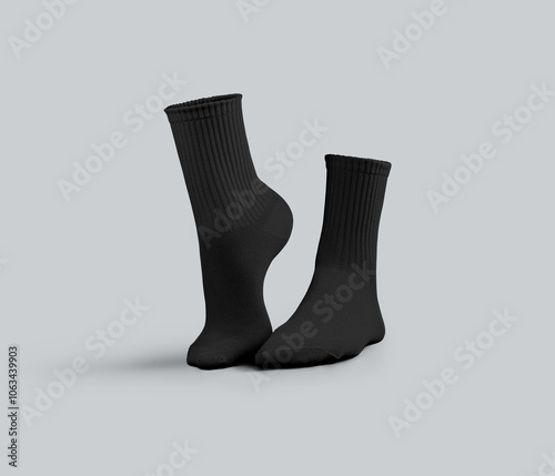 Mockup of black medium socks with textured elastic band, 3D rendering, front view, one ankle stretched, for design, branding, advertising.