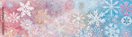 Intricate snowflakes in a beautifully repeating pattern with varying shapes and colors for winter aesthetics