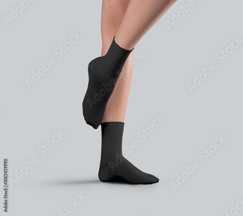 Template of black medium gaiters on slim female legs, side view, ankle stretched, isolated on background.