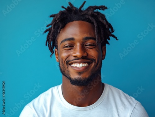 A man with a confident smile poses against a bright blue background. His dreadlocks and white shirt contrast the vivid color, creating a lively, positive vibe.