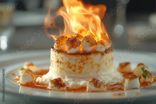 banana foster presented tableside with marshmallow fluff igniting in a flame creating an engaging and dramatic culinary experience that highlights the art of cooking photo