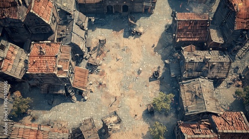 Aerial view of a medieval village with cobblestone streets and rustic buildings, ideal for fantasy rpg settings. photo