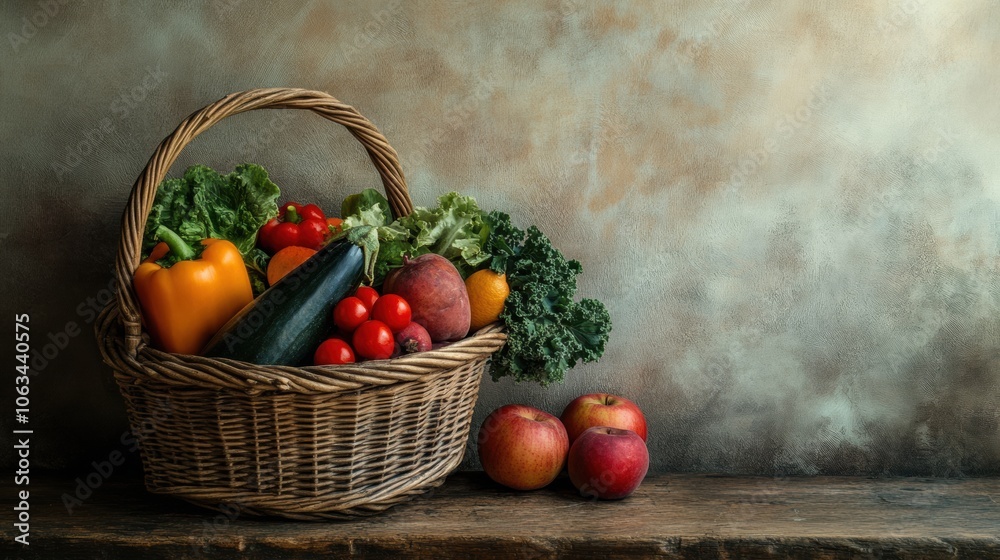 A wicker basket brimming with a vibrant selection of fresh vegetables and fruits rests on a rustic wooden table. Generative AI A wicker basket brimming with a vibrant selection of fresh vegetables and fruits rests on a rustic wooden table. Generative AI