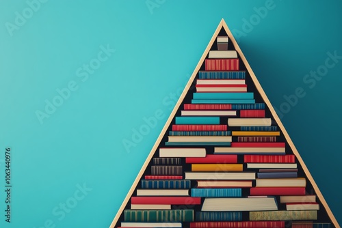 Unique triangular bookshelf filled with colorful books against a vibrant turquoise wall, perfect for modern decor inspiration.