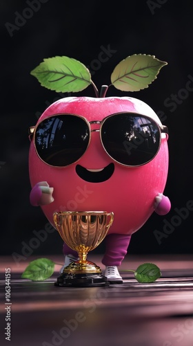 
cute chibbi 3d blender apple character wearing gangster meme sunglasses holding a champion trophy  photo