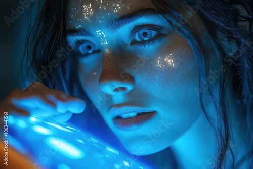 biometric security technology scene featuring a woman using her fingerprint to unlock a mobile banking app illuminated by soft blue hues emphasizing cybersecurity and privacy