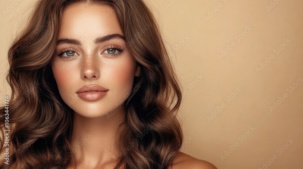 Confident woman with big, voluminous waves, natural makeup, on a beige background Confident woman with big, voluminous waves, natural makeup, on a beige background