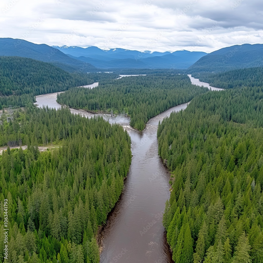 Fototapeta premium Aerial view of a winding river surrounded by lush green forests and mountains.