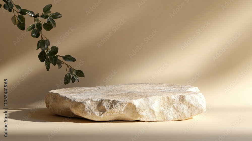 Simple stone podium on beige backdrop with a soft leaf shadow, featuring ample copy space Simple stone podium on beige backdrop with a soft leaf shadow, featuring ample copy space