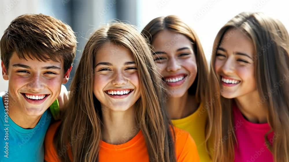 Four teenagers are laughing together, showing their bright smiles and happy expressions. They are standing outdoors, likely on a sunny day Four teenagers are laughing together, showing their bright smiles and happy expressions. They are standing outdoors, likely on a sunny day