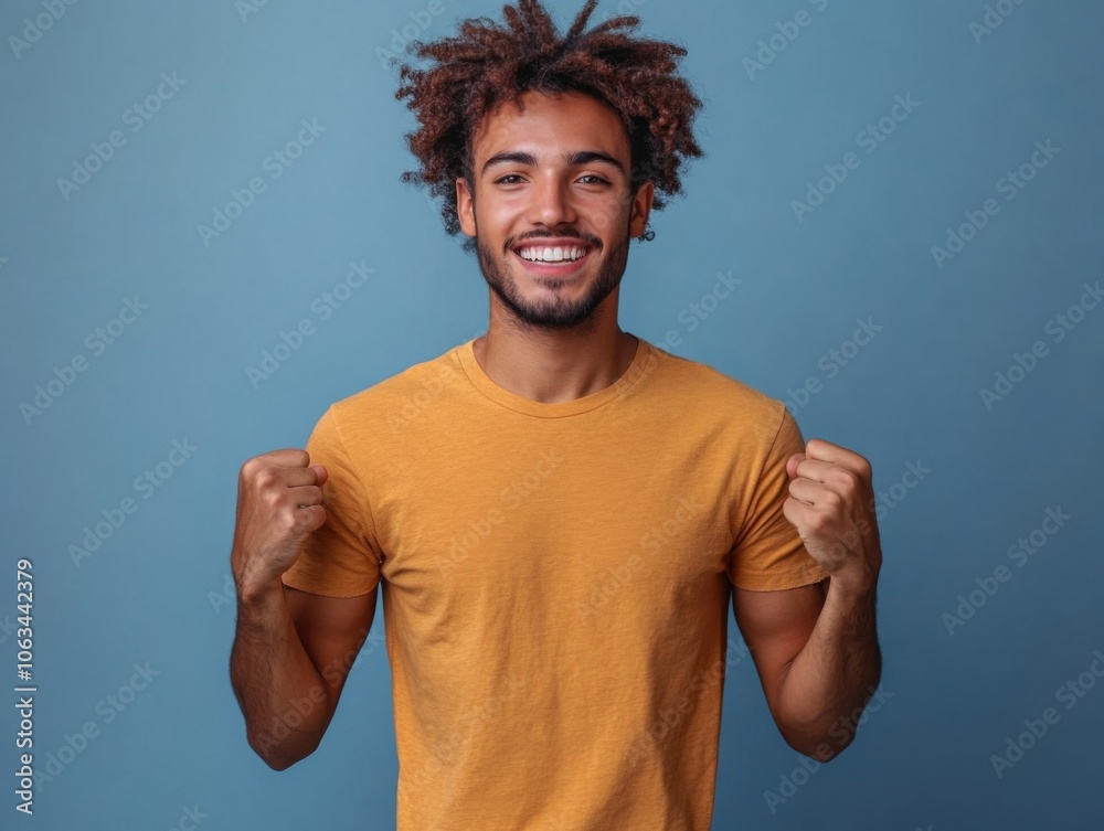 A person with curly hair and a beard smiles confidently against a solid blue background, wearing a mustard-colored t-shirt. A person with curly hair and a beard smiles confidently against a solid blue background, wearing a mustard-colored t-shirt.