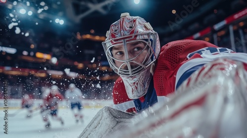 A close-up of a goalie in full gear mid-air, catching a puck with his glove as it speeds toward the net photo