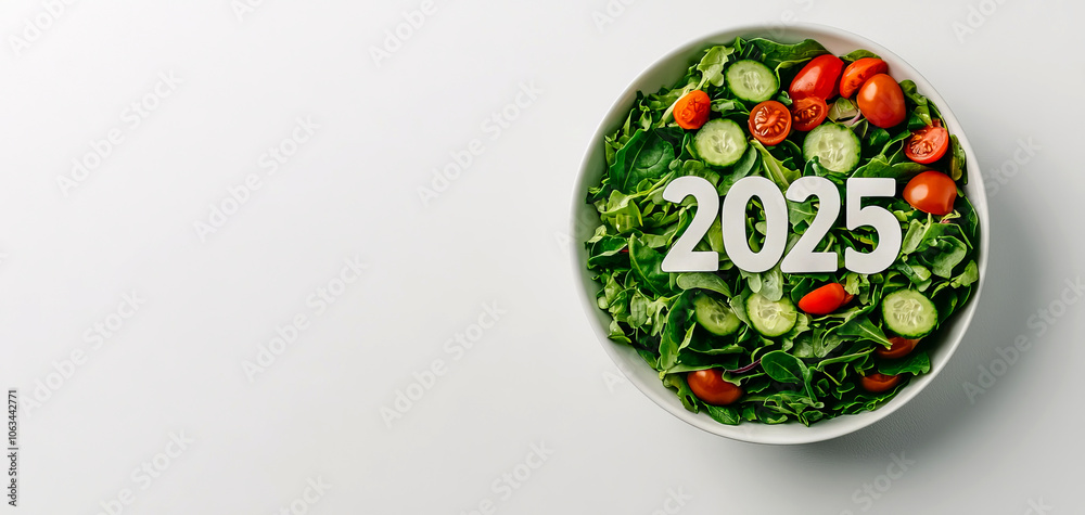 Fresh salad bowl featuring greens and cherry tomatoes, with the year Fresh salad bowl featuring greens and cherry tomatoes, with the year