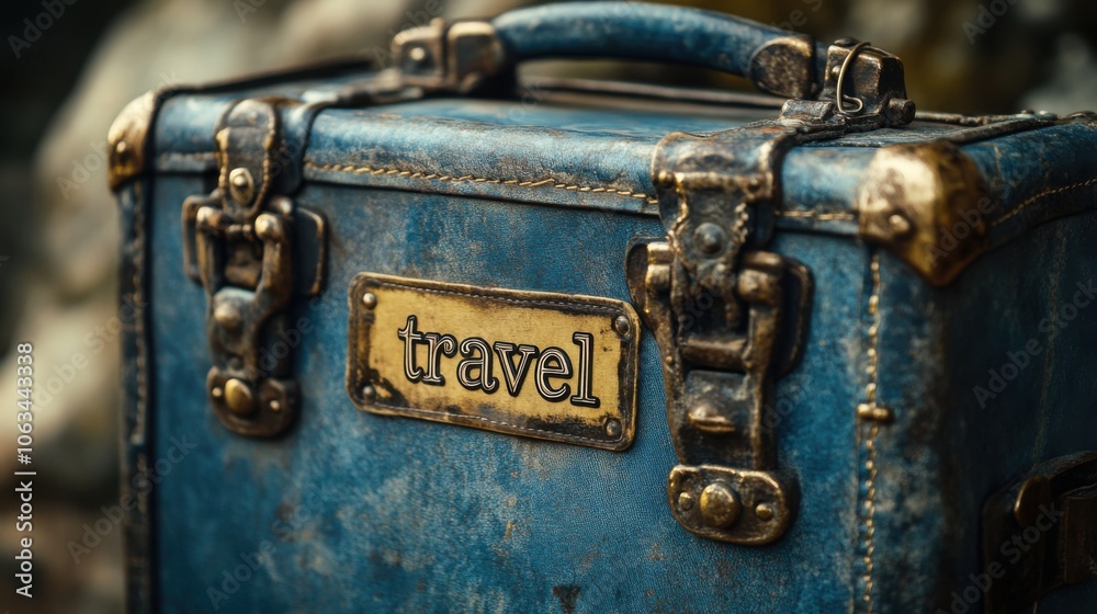 Close-up of blue travel suitcase, distressed finish, travel text sign, antique leather details, rustic adventure gear, vintage luggage, nostalgic charm, old-fashioned traveler style