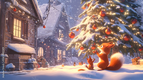 Animated cartoon jungle cute animals celebrating Christmas with gifts and festive jungle decorations. photo