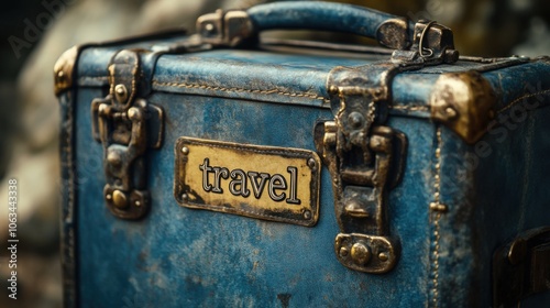 Close-up of blue travel suitcase, distressed finish, travel text sign, antique leather details, rustic adventure gear, vintage luggage, nostalgic charm, old-fashioned traveler style