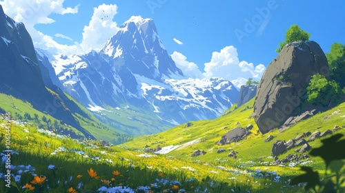 A beautiful valley with a snow-capped mountain in the background. There are wildflowers in the foreground.