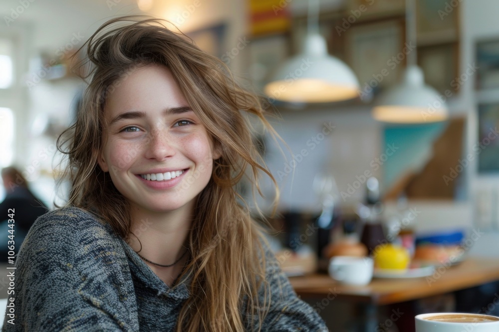 A woman smiles warmly at home while enjoying her breakfast, creating a cozy and inviting atmosphere in the kitchen. A woman smiles warmly at home while enjoying her breakfast, creating a cozy and inviting atmosphere in the kitchen.