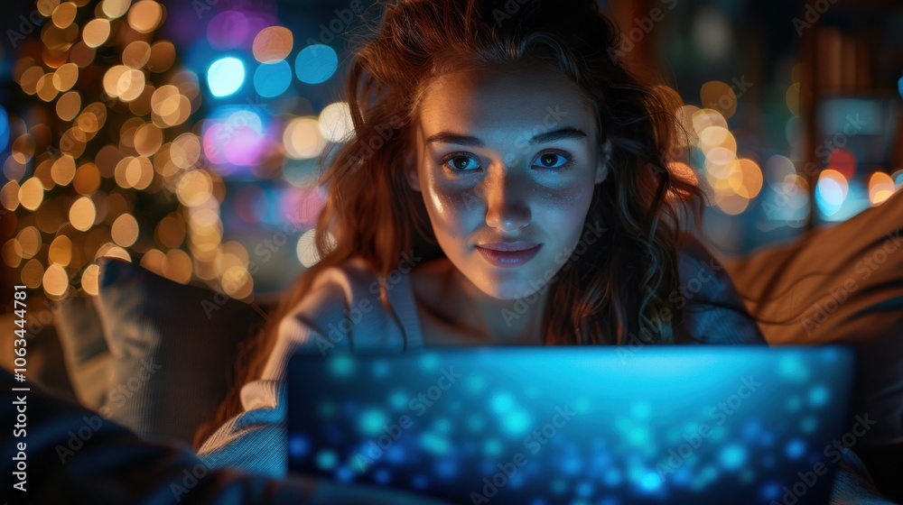 Fototapeta premium A young woman is sitting on a couch, illuminated by the glow of a laptop screen, with a festive background of blurred lights, creating a warm and cozy atmosphere.