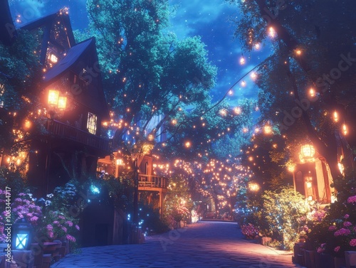 Enchanted fantasy village illuminated by fairy lights under a starlit sky surrounded by lush nature