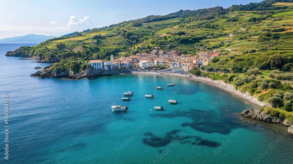 High-angle perspective of a white seaside village in Italy, High-angle perspective of a white seaside village in Italy,