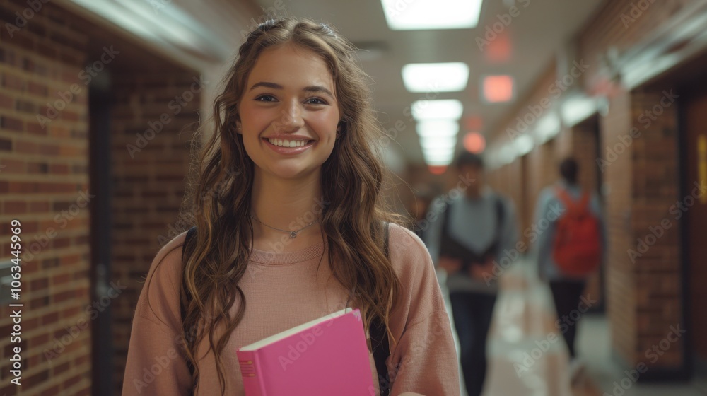 A smiling student with long hair holds a pink book while walking through a school hallway with brick walls. A smiling student with long hair holds a pink book while walking through a school hallway with brick walls.