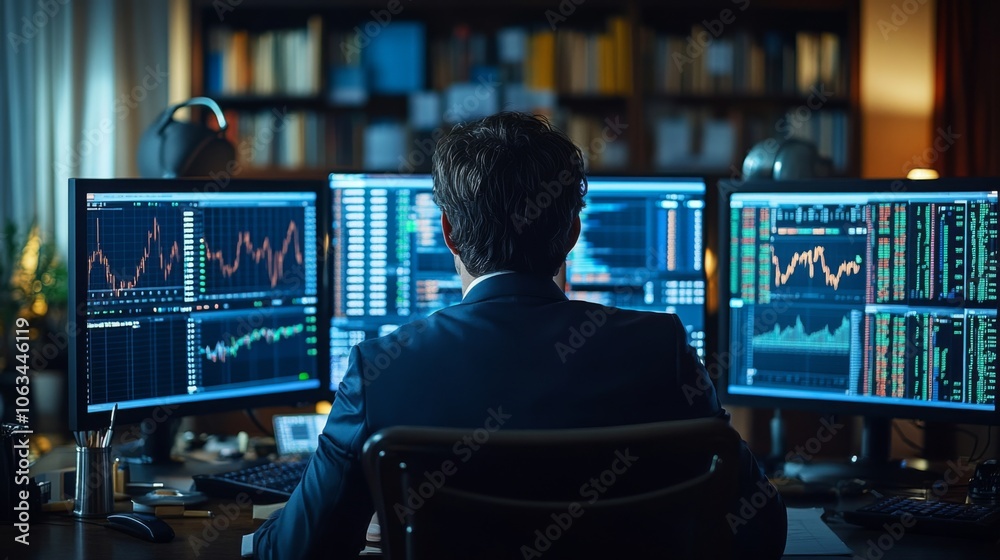 A focused trader is seated in a sleek office, intently analyzing stock market data displayed across several large monitors. The warm glow of lights creates a productive atmosphere. A focused trader is seated in a sleek office, intently analyzing stock market data displayed across several large monitors. The warm glow of lights creates a productive atmosphere.